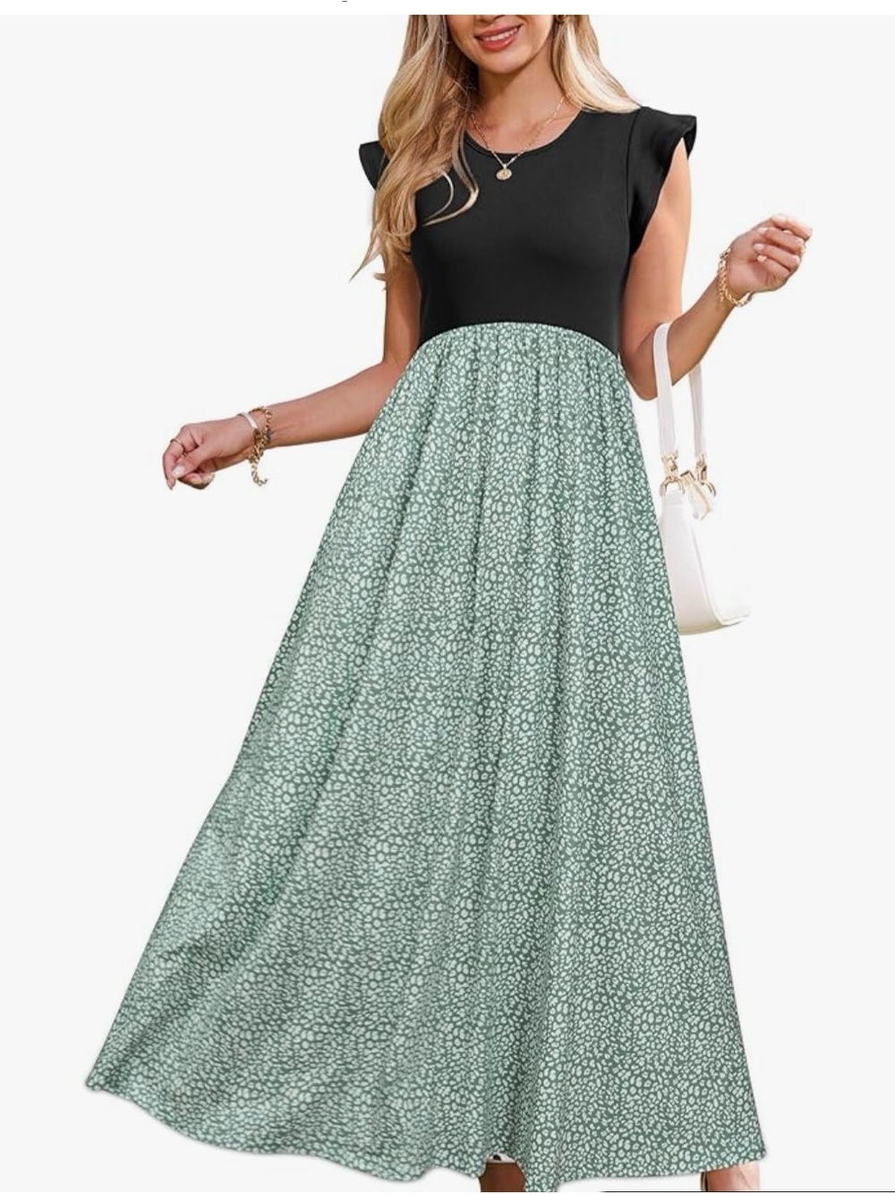 OUGES Women's Maternity Dress Summer Ruffle Sleeve Patchwork Casual Flowy Maxi